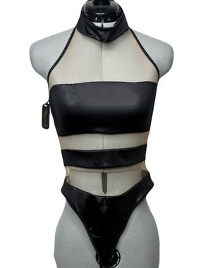 NWT Black Wet Look Vinyl Mesh Bodysuit M
